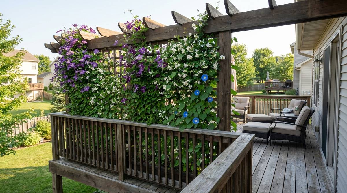 A metal or wooden trellis supporting climbing plants like morning glories, clematis, or jasmine, used as a green wall or room divider on a balcony to provide privacy and soften architectural lines.
