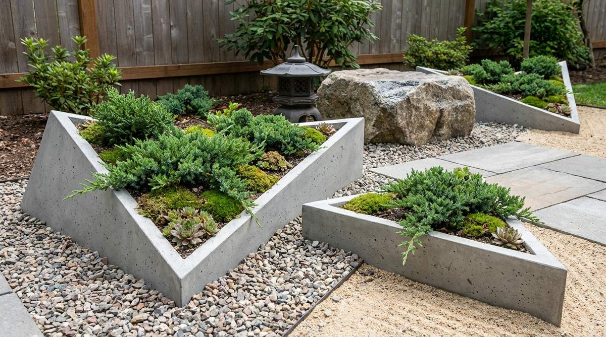 A set of three-sided concrete planters designed with a triangular profile to mimic mountain geometry, housing alpine species such as compact evergreens or moss varieties. Positioned to direct one point toward a focal element like a lantern or large stone, these planters occupy corners and transition zones efficiently, creating visual tension and energizing contemplative spaces in a modern Zen garden.