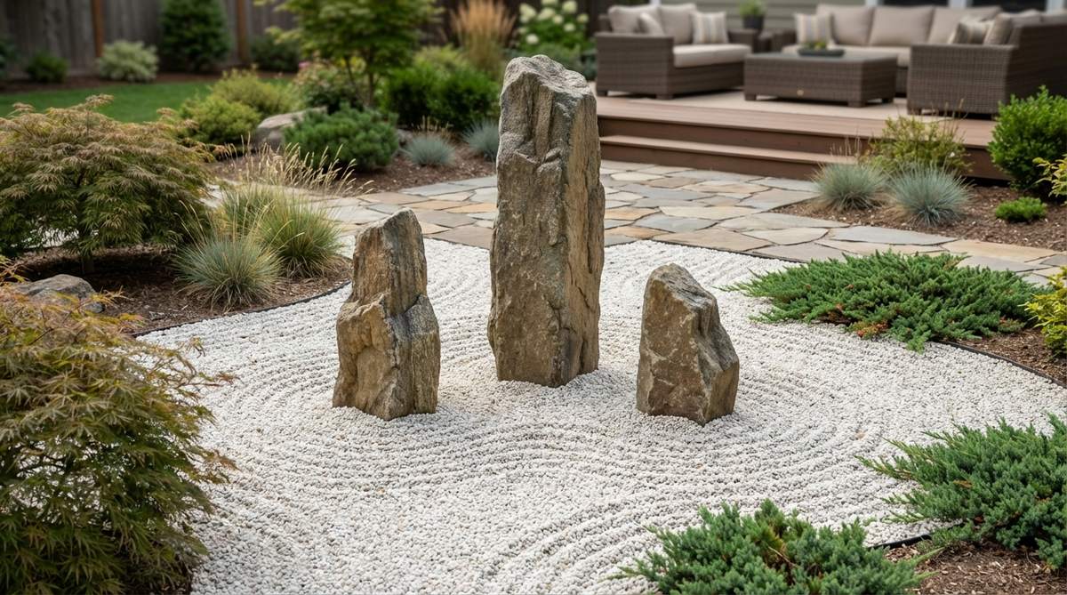 A stone garden arrangement following the traditional Buddhist triad pattern, featuring one tall vertical stone flanked by two shorter companions in a 7:5:3 height ratio. The stones represent mountains rising from the sea, surrounded by white pea gravel raked to suggest waves and currents.