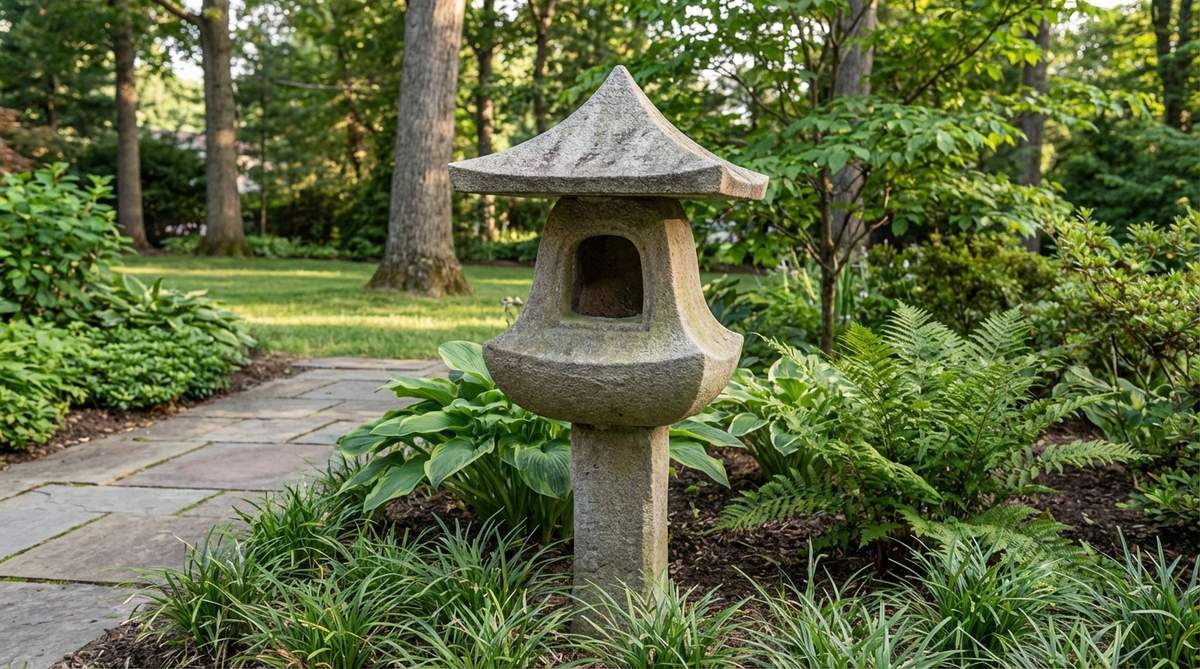 A stone garden lantern with a fire box shaped like a temple bell, featuring a curved profile that widens at the base before the post begins. This design creates visual weight in the midsection, balancing the peaked roof above, and is ideal for gardens where its form echoes actual temple bells, drawing attention to ground-level plantings.