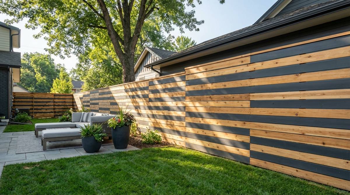A modern garden fence featuring a two-tone horizontal design with alternating board colors, such as natural wood and charcoal or white with grey accents, creating dynamic visual rhythm and complementing architectural trim or outdoor furniture.
