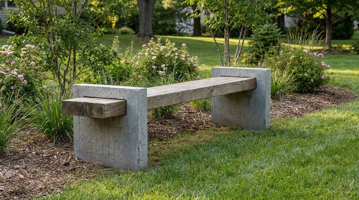 A modern garden bench with an ultra-low profile slab base, featuring two concrete slabs that are 18 inches tall and 3 inches thick, creating blade-like supports for a wood seat. The design emphasizes minimal thickness and horizontal lines, reinforced with steel mesh to prevent cracking. Pressure-treated lumber is attached via masonry anchors, and the low center of gravity ensures stability on sloped terrain, with slab supports spaced 4 feet apart for a 6-foot bench length.