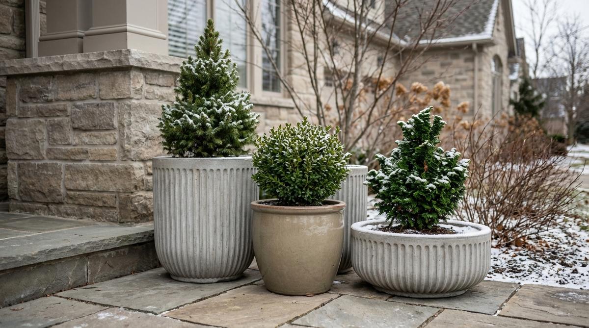 A grouping of three small potted evergreen trees in winter outdoor decor, featuring dwarf Alberta spruce, compact boxwood, and dwarf hinoki cypress in fluted concrete or glazed ceramic containers. Arranged at varied heights from 18 to 36 inches to create visual rhythm along walkways or porch corners, showcasing cold-hardy options for winter architecture without holiday associations.