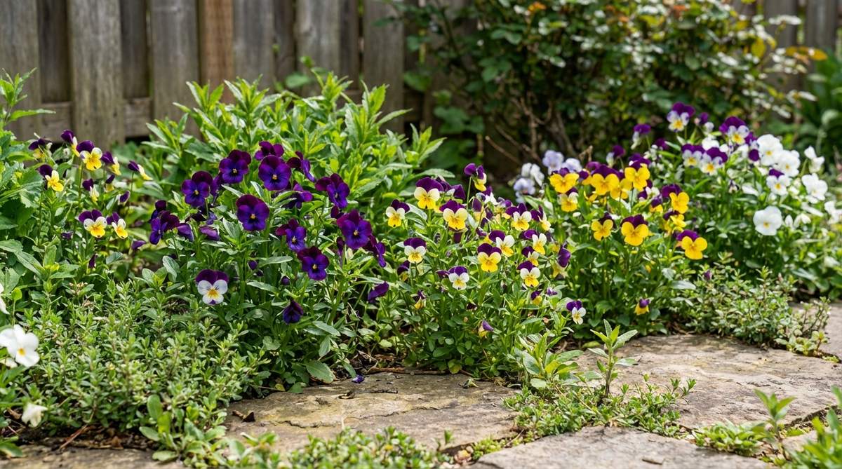 A close-up view of violas and johnny-jump-ups blooming in a small cottage garden, showing their charming faces and natural self-seeding pattern that creates spontaneous drifts among other plants.