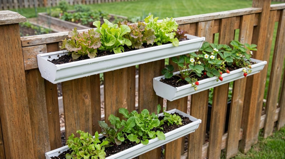 A close-up image of repurposed vinyl gutters mounted horizontally on a fence, showcasing shallow planters filled with lettuce and strawberry plants. The gutters are arranged at staggered heights to create a cascading effect, with visible drainage holes to prevent waterlogging, ideal for maximizing space in small backyard gardens.