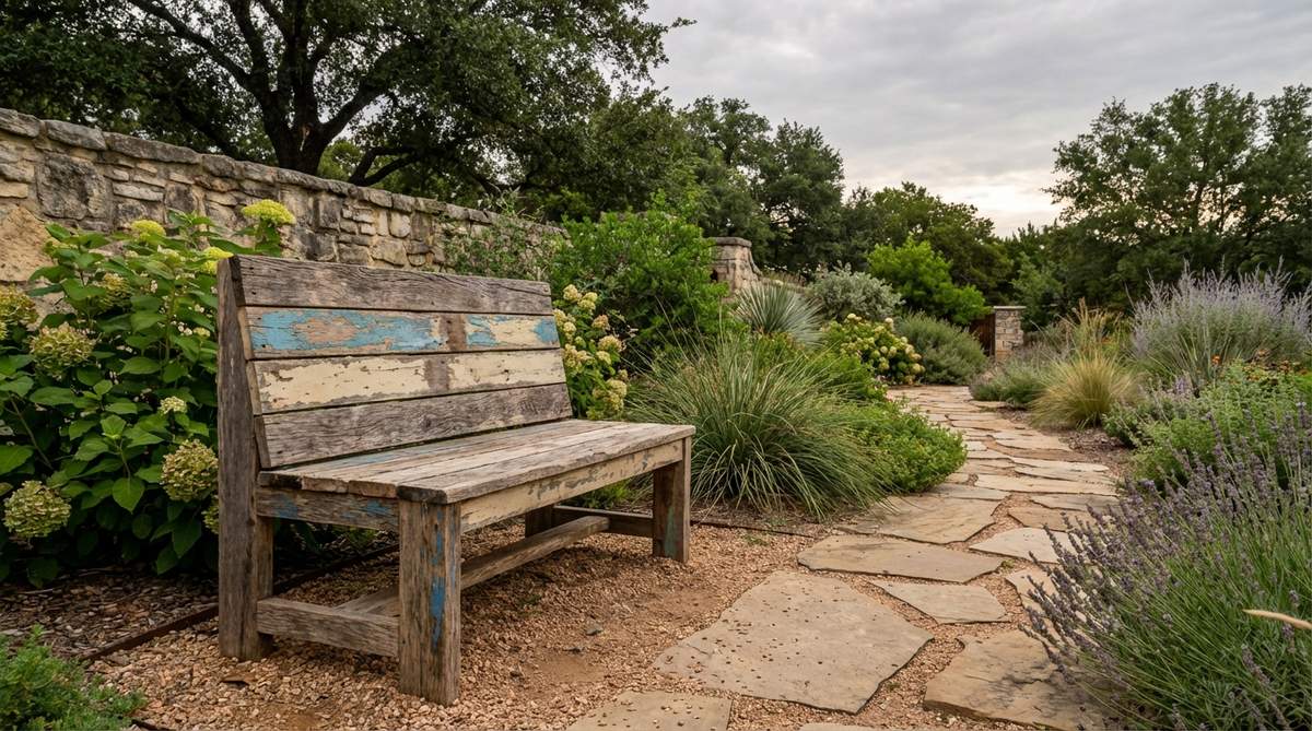 A reclaimed wooden bench with natural grain patterns and faded paint remnants, positioned along a garden pathway. This vintage boho decor piece, salvaged from old structures, adds authentic history and a relaxed, weathered character to outdoor spaces, requiring minimal maintenance.