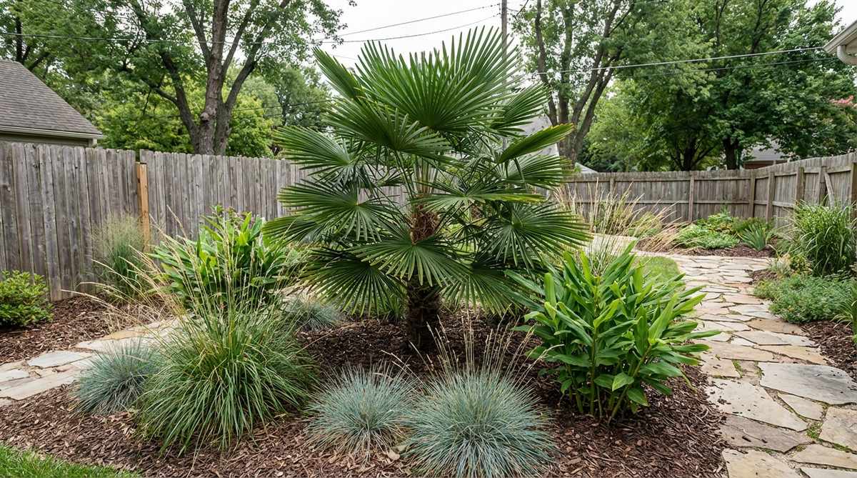 A windmill palm thriving in a temperate garden, showcasing its dark green fans and compact size, used as an anchor plant with cold-tolerant gingers and ornamental grasses to blend tropical aesthetics into northern landscapes.