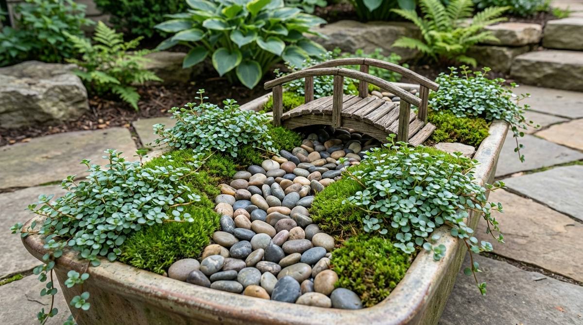 A miniature garden decor scene featuring a dry streambed made of smooth aquarium pebbles arranged in a winding path through a container, flanked by moss and small leafy plants like Pilea glauca, with a miniature bridge crossing at the widest point. This layout adds movement, guides the viewer's eye, and provides color contrast and textural variation, suitable for fairy gardens and naturalistic terrariums.