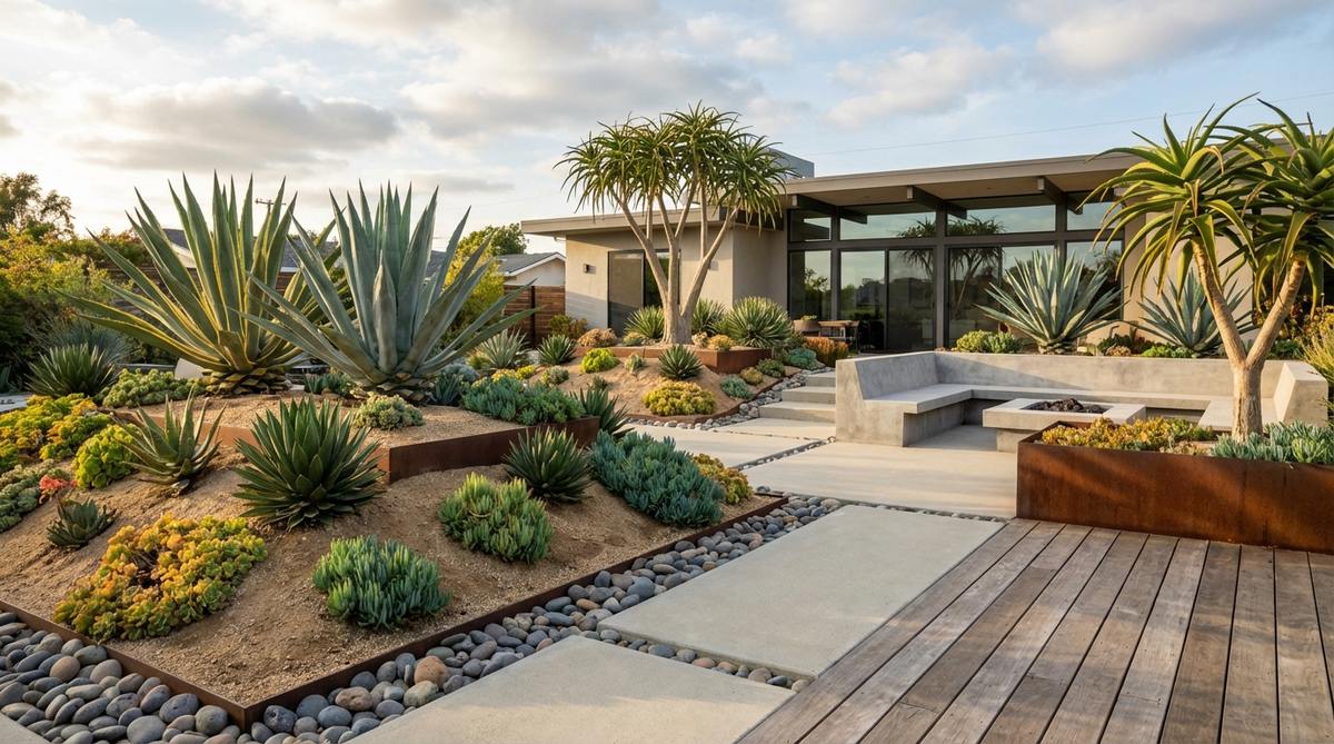 A modern garden design featuring architectural succulents like Agave, Aloe, and Sedum, arranged in raised mounds for optimal drainage, complementing contemporary hardscaping with their geometric shapes and drought-resistant properties.