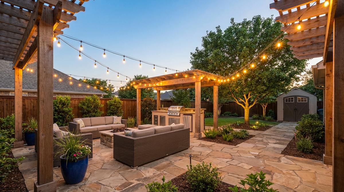 A dynamic outdoor decor setup featuring string lights arranged in a zigzag pattern between parallel structures, creating an angular overhead geometry that energizes rectangular spaces and directs sightlines toward focal landscape elements, with consistent sag depth for uniform curves.
