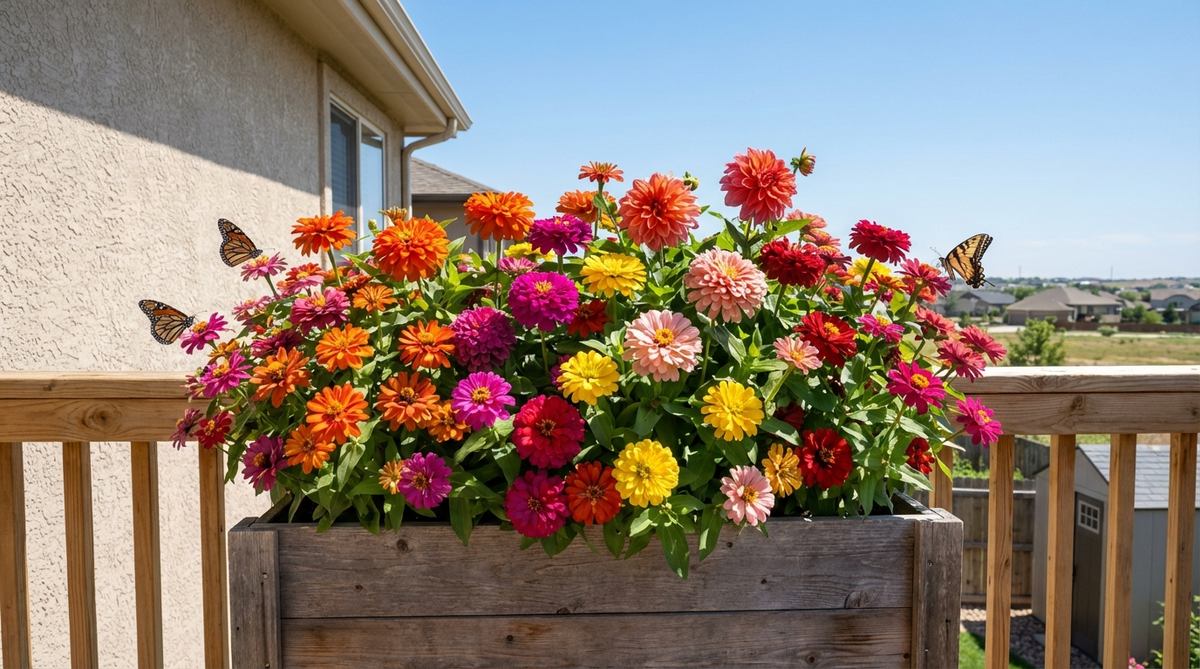 A vibrant display of zinnia flowers in various colors, ranging from small pompoms to large dahlias, growing in a container on a sunny balcony. The image highlights dwarf varieties like the 'Profusion' series, with butterflies attracted to the blooms, showcasing their heat tolerance and suitability for balcony gardens with full sun exposure.