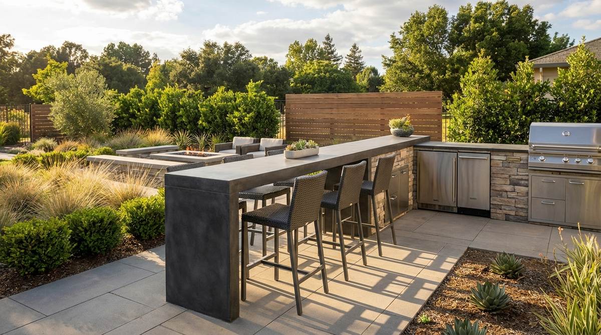 A contemporary garden featuring a standing-height counter with bar stools, made from weather-resistant porcelain tile or sealed concrete, positioned near an outdoor kitchen to encourage casual social gatherings and conversation flow.