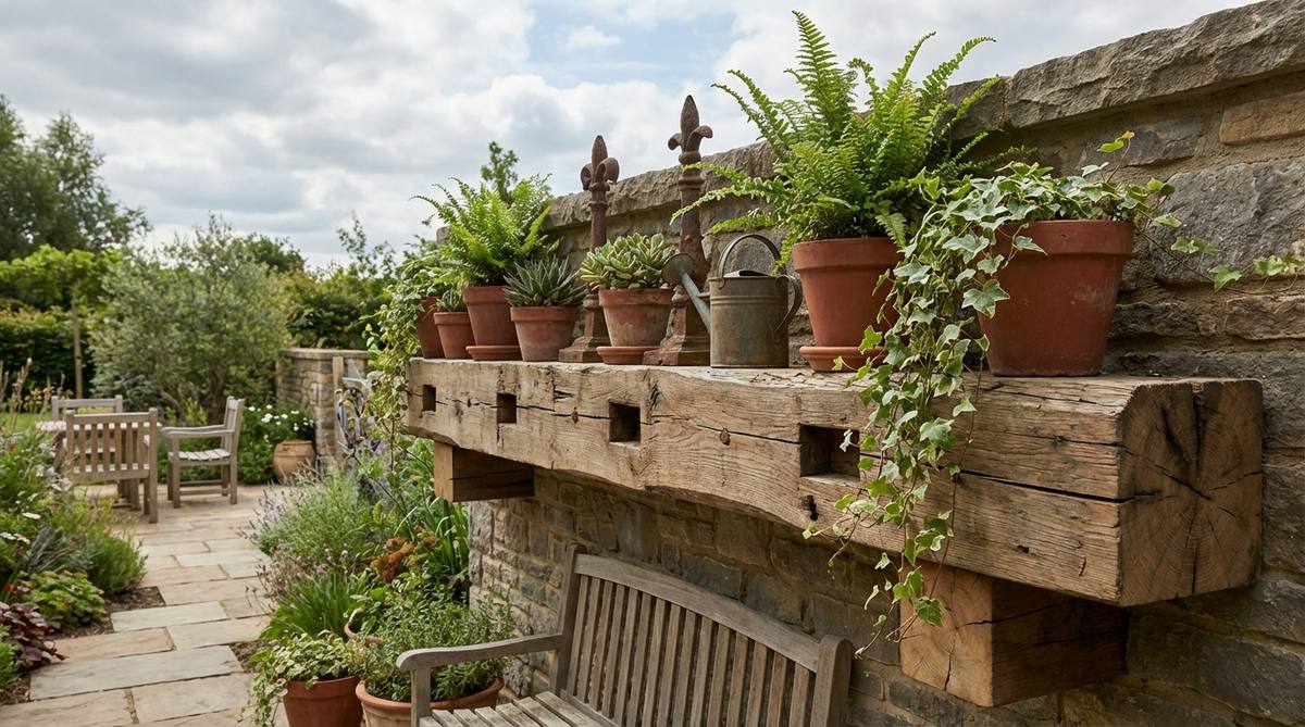 A rustic garden decor image showing salvaged barn beams mounted horizontally as a mantel shelf, displaying potted plants and garden ornaments. The heavy timber with visible mortise pockets and peg holes provides structural character while supporting substantial weight with concealed steel brackets.