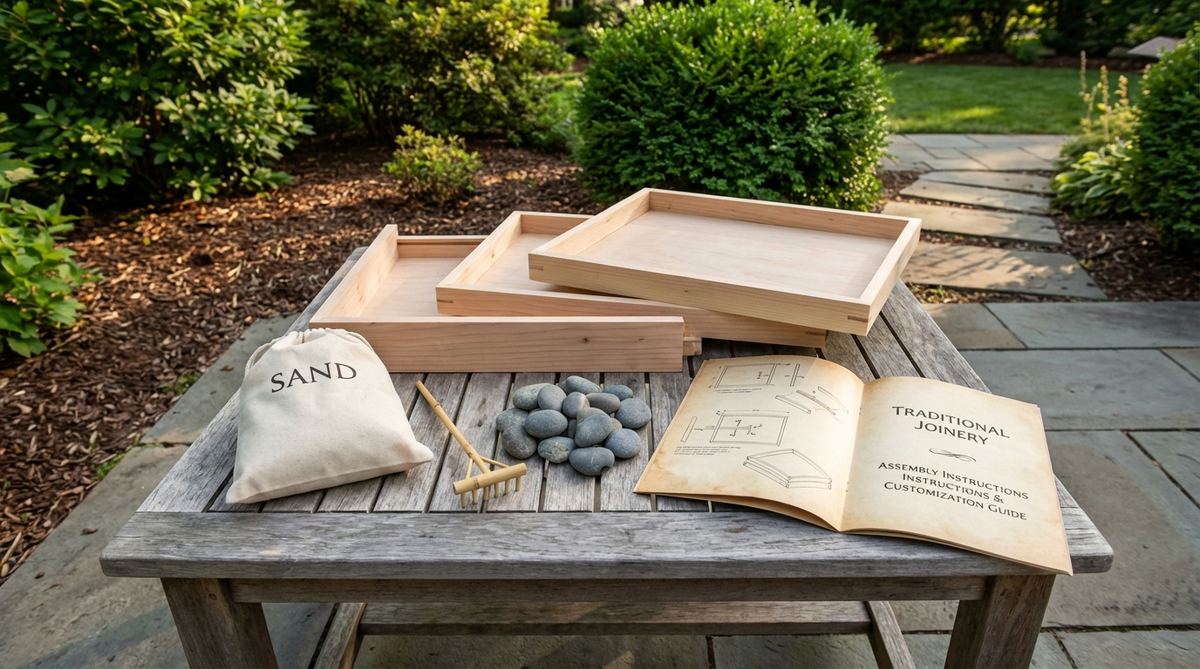 An unassembled kit for a zen garden miniature, featuring raw wooden tray pieces, a sand bag, a rake, and a selection of stones. Includes assembly instructions for traditional joinery techniques, with customization options for wood stain colors, sand quantities, and stone arrangements, reflecting individual creative choices in the meditative construction process.