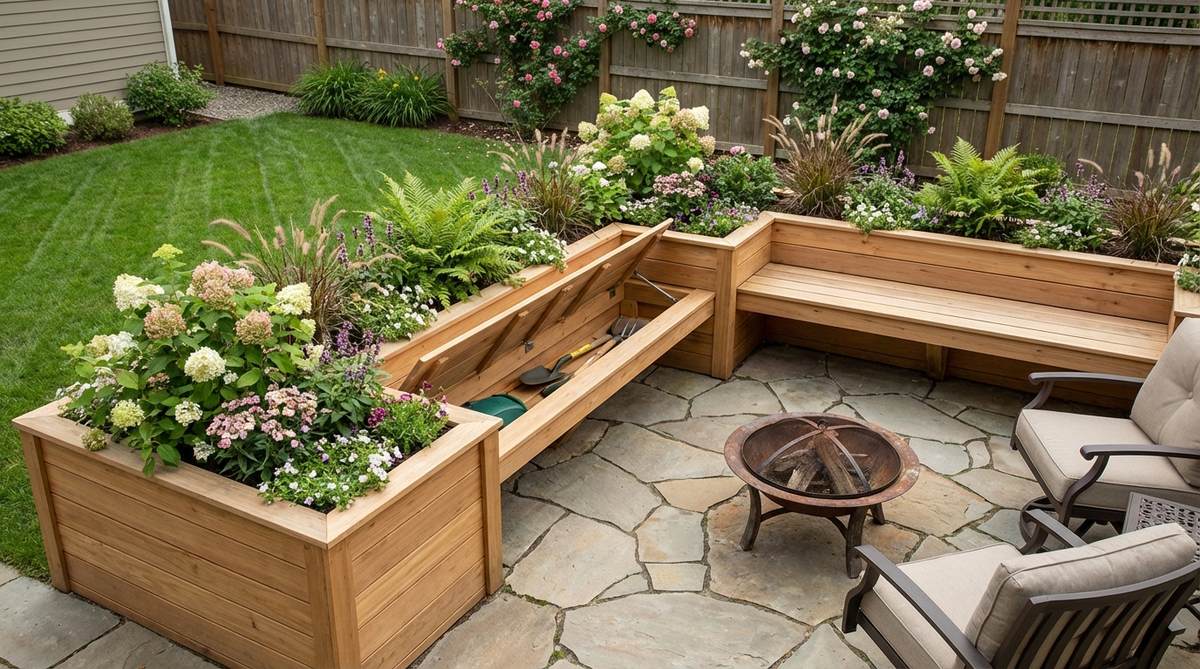 A small garden featuring built-in planter benches made from cedar or composite materials, with integrated planting boxes and hinged lids for hidden storage, maximizing utility and space efficiency.