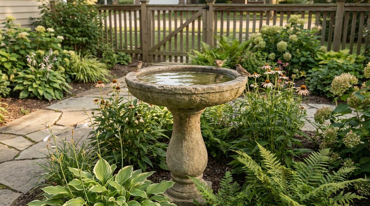 A decorative bird bath featuring a shallow basin on a pedestal, made of natural stone or ceramic, providing drinking and bathing opportunities for birds in a garden. The basin has textured bottom for secure footing and is filled with fresh water to prevent mosquito breeding.