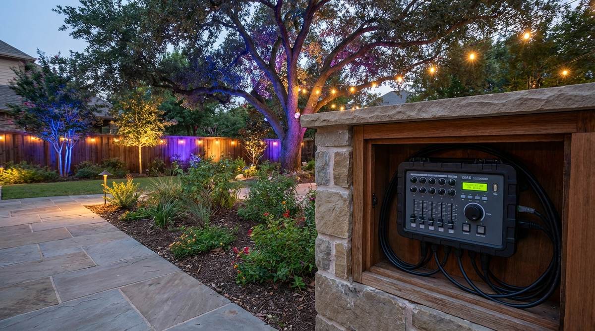 A professional DMX theatrical control system used for outdoor decor lights, enabling synchronized color-changing effects across multiple fixtures. Ideal for holiday displays and event installations, featuring pre-programmed sequences and USB interfaces for easy show creation.