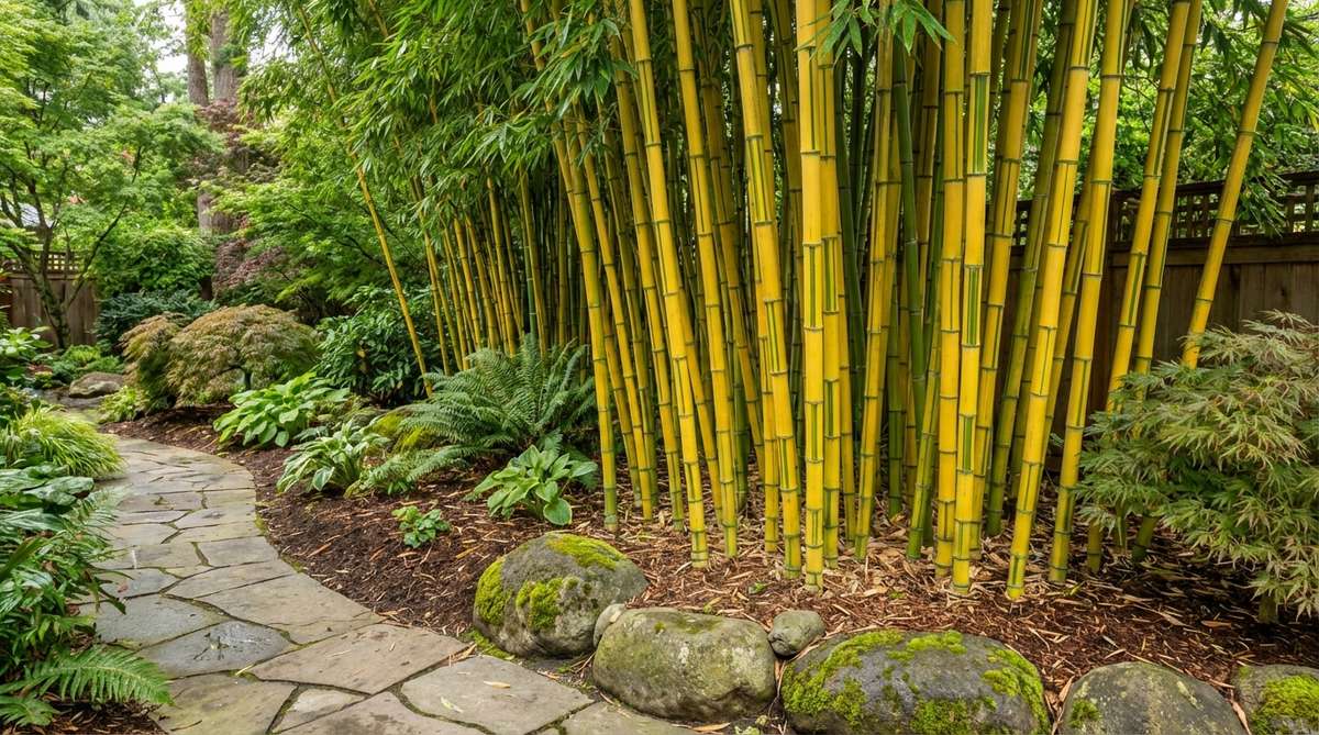 Phyllostachys aureosulcata bamboo with bright yellow culms featuring green stripes in the grooves between nodes. The colorful stems provide year-round ornamental interest and brighten shaded garden areas. This cold-hardy bamboo grows 25-35 feet tall and adapts well to various soil and light conditions in Japanese garden settings.