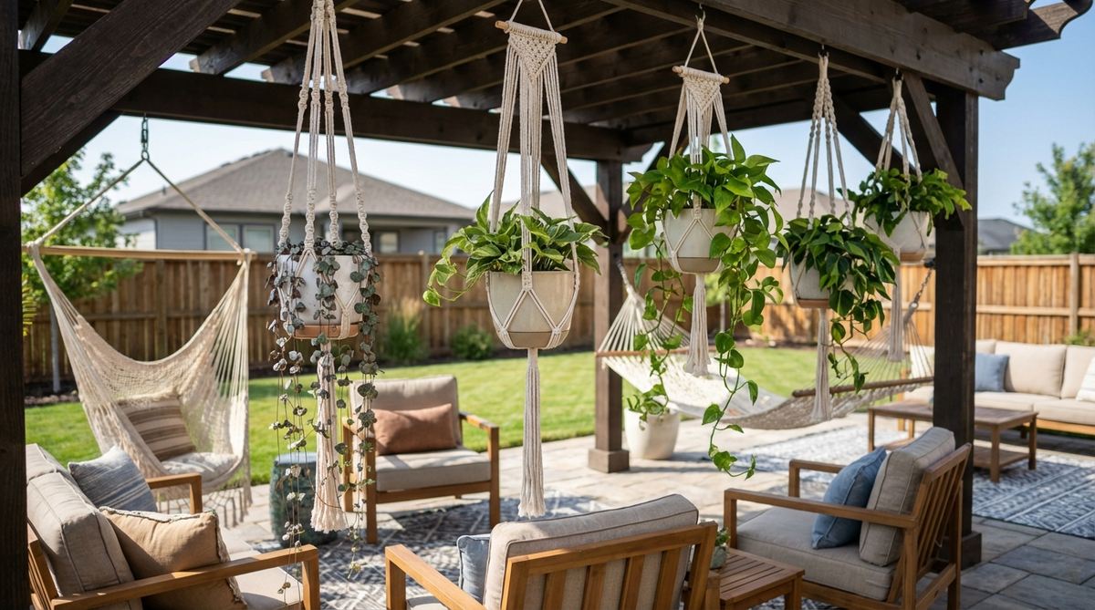A modern boho decor image showing hanging planters suspended from patio posts or pergola beams, featuring trailing plants in macramé hangers or rope systems that add vertical garden interest and soften architectural elements.