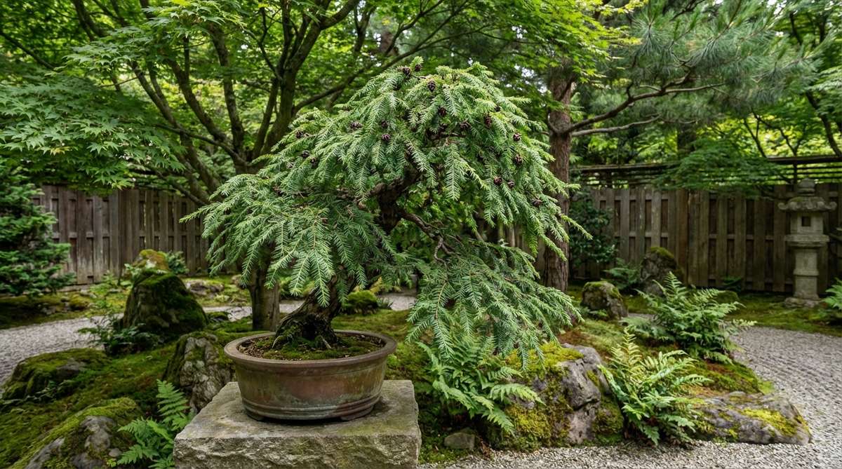 A delicate hemlock bonsai with graceful cascading needles and small cones, ideal for shaded woodland settings in a Japanese garden, requiring consistent moisture.