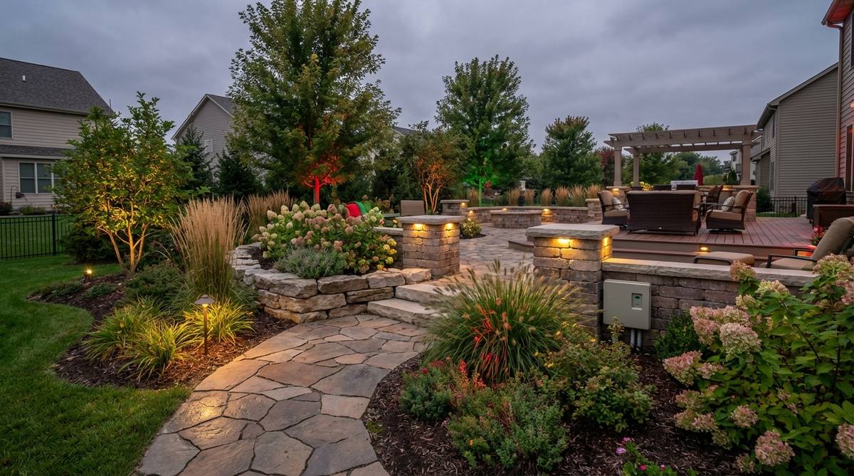 A garden decor light system with programmable color-changing features for holidays and special events, showcasing automated seasonal palettes and calendar-based scheduling to eliminate manual installations.