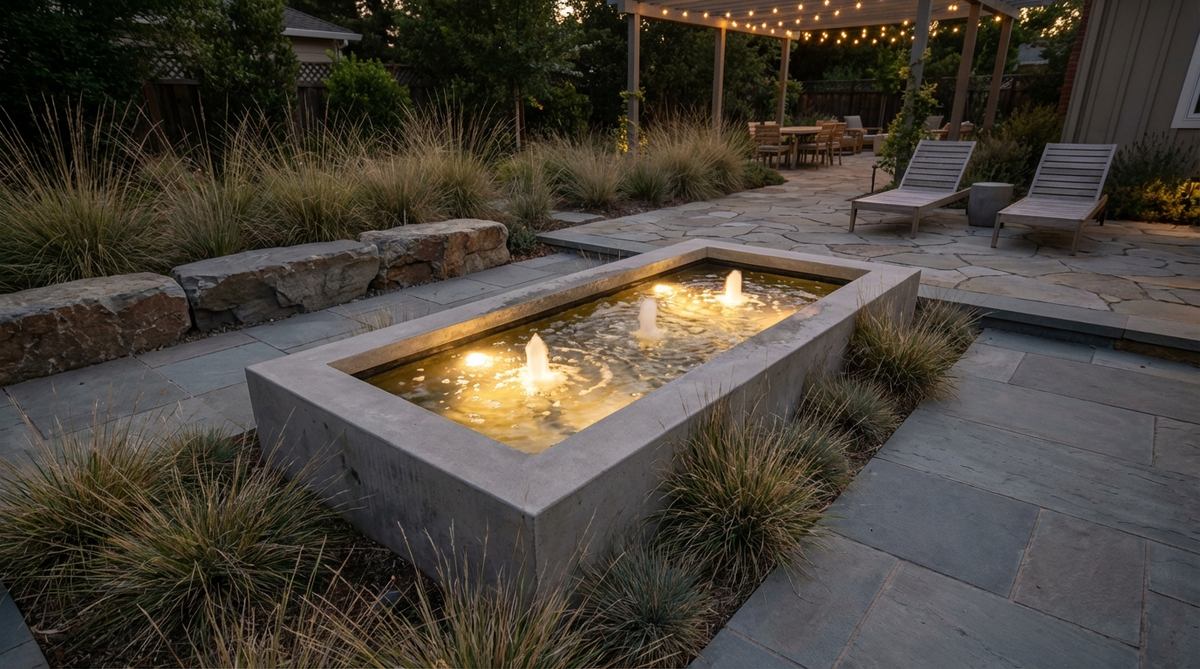 A modern garden water feature basin with integrated submersible LED lighting, creating a glowing focal point in the evening. The concrete basin design showcases how water amplifies and diffuses light for dramatic nighttime garden effects.