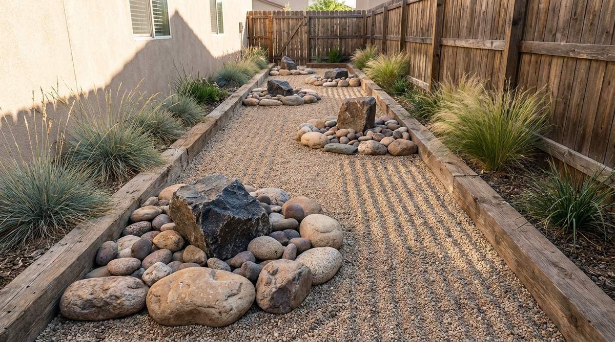 A narrow side yard transformed into a contemplative passage with sequential stone groupings and parallel raked gravel patterns, emphasizing linearity and guiding the eye forward in a zen garden design.