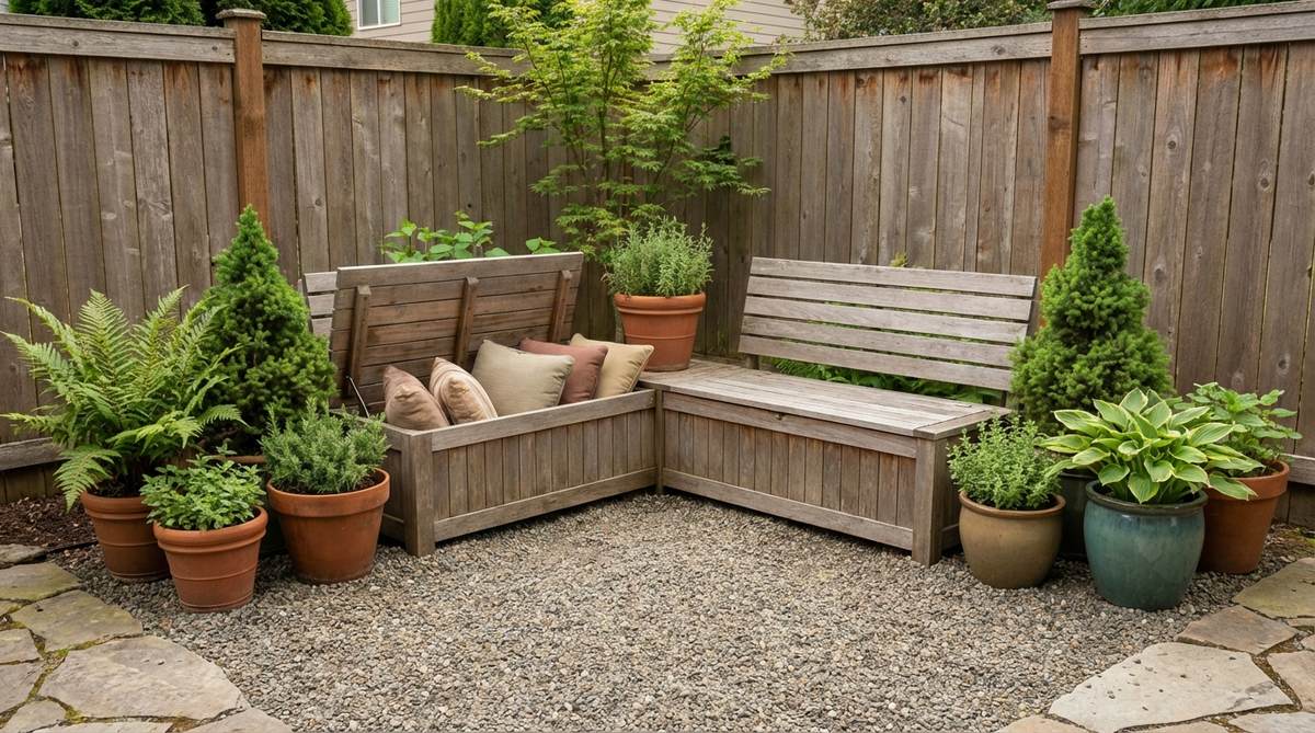 A low-profile meditation bench with integrated cushion storage, designed for small garden spaces. Features proper posture support for seated meditation or yoga practice, with weatherproof storage compartments for cushions and accessories. Ideal for creating dedicated mindfulness corners in container gardens.