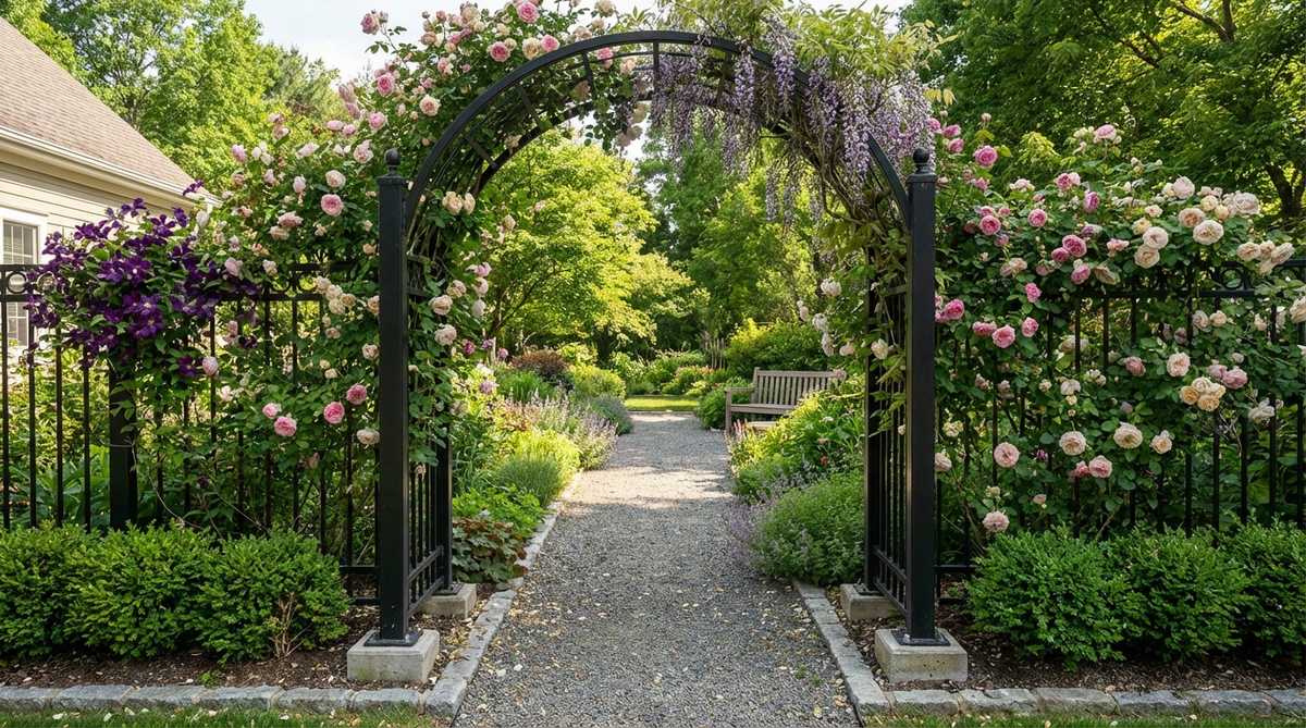 A freestanding metal arbor gate in wrought iron or aluminum, serving as an arch framework that defines passage between garden rooms. With widths from 36 to 50 inches to accommodate pathway scales, it's perfect for training climbing roses, clematis, or wisteria to create living portals. Side posts are anchored with concrete footings to resist lateral pressure from mature vines.
