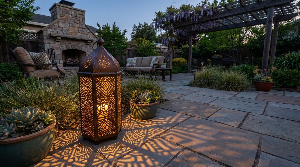 A pierced metal lantern in oxidized bronze with geometric cutouts referencing traditional African motifs, casting intricate shadow patterns from candlelight. This dual-purpose accessory creates warm evening ambiance in afro boho decor settings, suitable for both indoor and outdoor use.