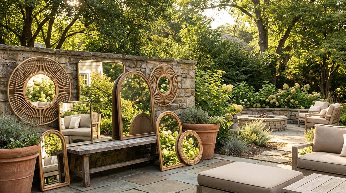 A layered arrangement of mirrors in boho decor style, featuring different sizes, shapes, and frame styles including rattan, brass, and wood. Mirrors are displayed on walls and leaning against furniture to reflect light and create depth in the space.