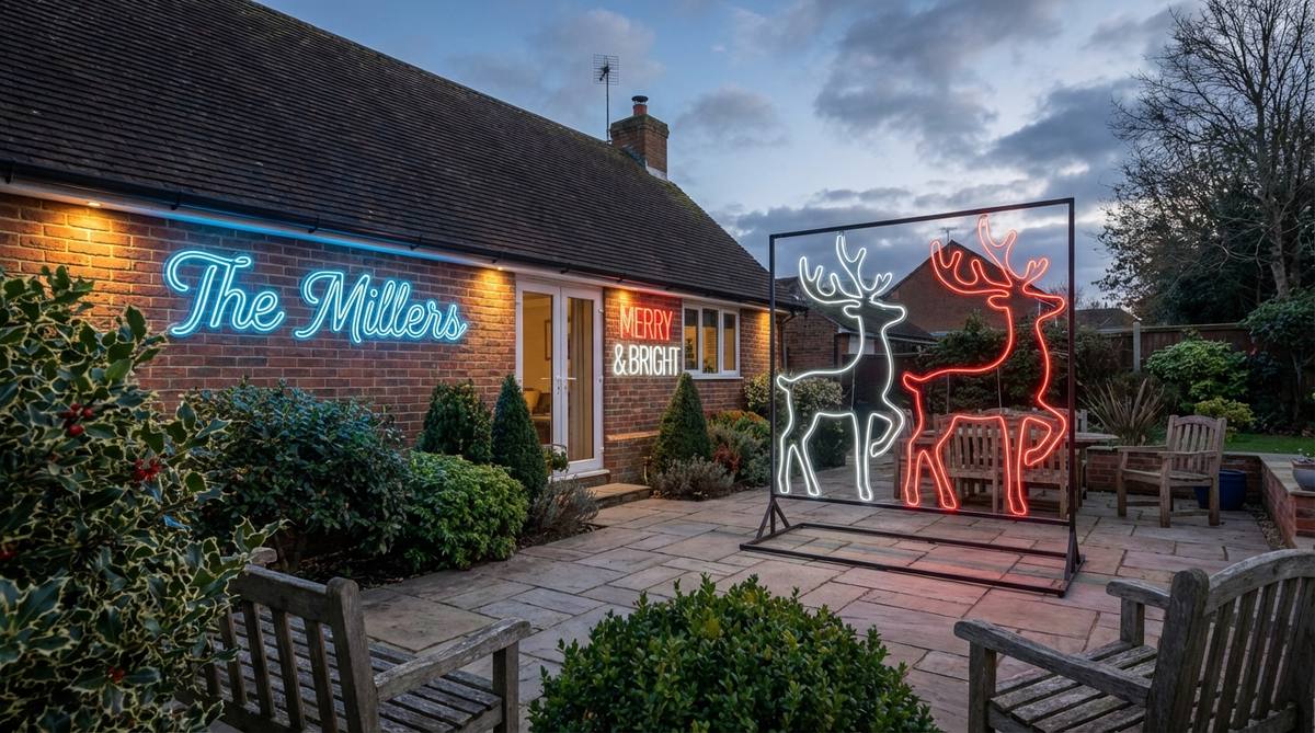 Flexible neon-style LED tubing bent into custom shapes or text for personalized outdoor Christmas displays with retro-modern appeal. Weather-resistant and energy-efficient, these custom neon-flex designs can feature family names, seasonal messages, or abstract shapes mounted to facades or freestanding frames.