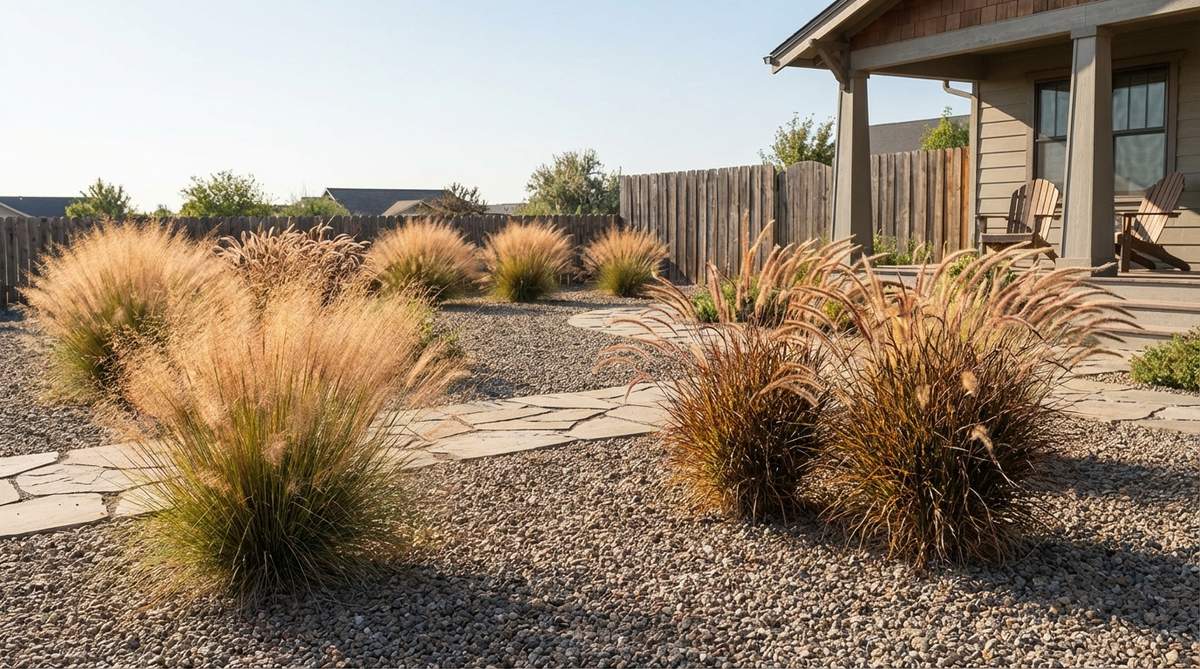 Tall fountain grasses, maiden grasses, or muhly grass planted through gravel, providing graceful vertical movement and fine-textured foliage that sways with breezes, animating static gravel surfaces. Space grass clumps 4-6 feet apart to showcase individual plants, with seasonal interest through foliage color changes and persistent seed heads, thriving with minimal supplemental irrigation.