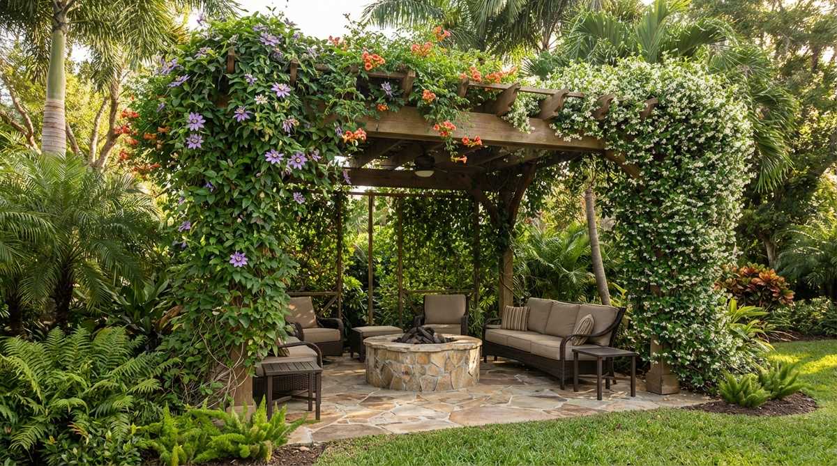 A pergola structure supporting climbing tropical vines like passion vine, trumpet vine, and jasmine, creating a living ceiling and side screens that provide dappled shade and vertical privacy in a tropical garden setting.