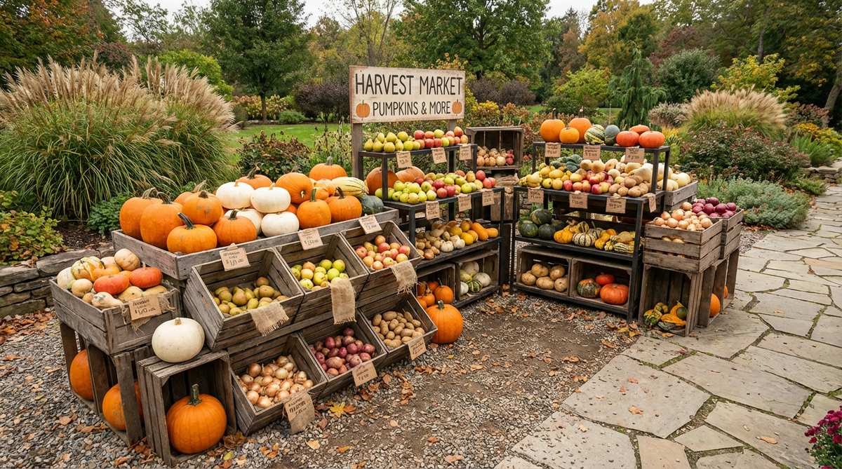 A rustic outdoor produce stand display featuring tiered wooden crates and metal shelving units overflowing with pumpkins, apples, pears, winter squash, and root vegetables. Handwritten price tags and farm stand signage add nostalgic charm, creating a bountiful harvest market aesthetic perfect for fall outdoor decor and Thanksgiving celebrations.