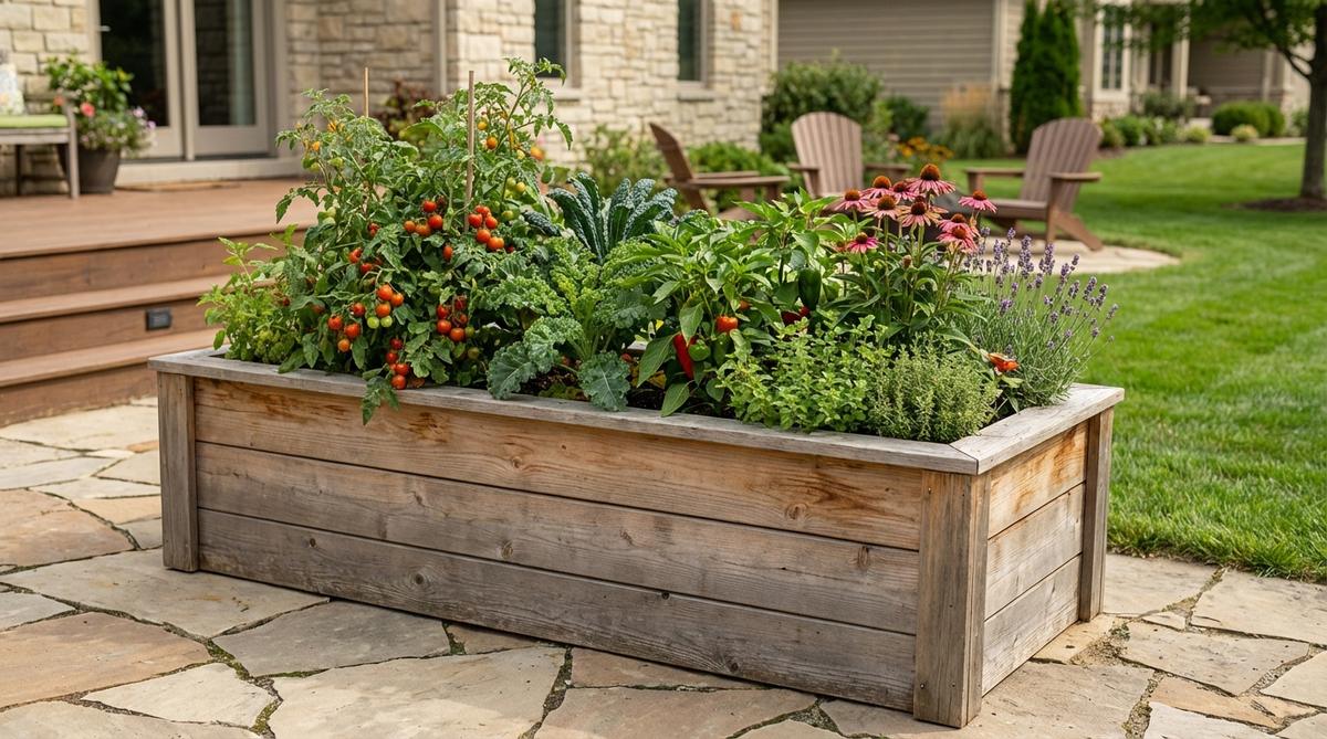 A raised bed planter box in a garden setting, showcasing its rectangular design at a comfortable height of 24-30 inches to eliminate bending and improve accessibility for gardening. The box is filled with vegetables and deep-rooted perennials, positioned on a patio or deck to illustrate intensive edible production in small outdoor spaces.