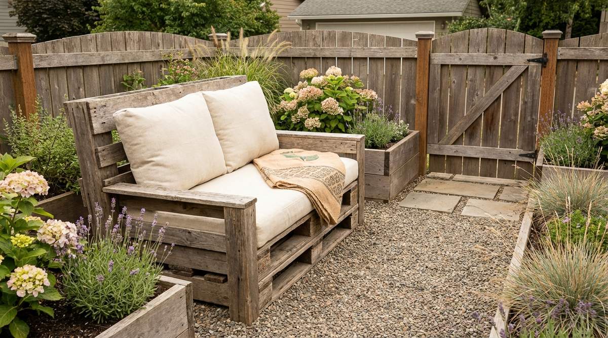 A rustic outdoor bench made from repurposed shipping pallets, featuring weathered wood and cushions, ideal for cottage or farmhouse garden styles in small backyard spaces.