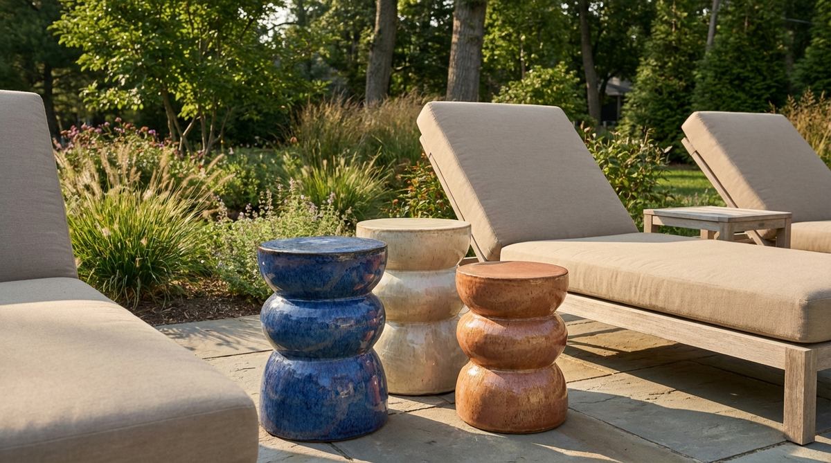 A set of modern sculptural ceramic side tables featuring glazed ceramic drums and organic forms, designed as art pieces for garden furniture. These weather-resistant tables withstand temperature changes, with smooth surfaces for beverages and textured patterns that catch light, serving as conversation starters in an outdoor setting.