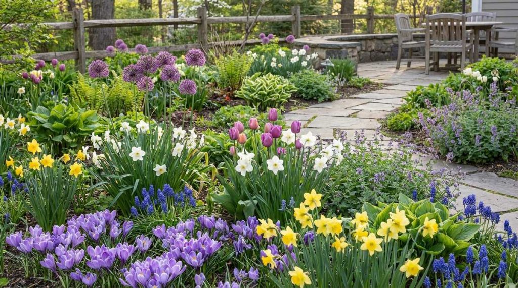 A vibrant garden scene showing the succession of spring bulbs from early crocus to late alliums, with emerging perennials disguising fading foliage. This naturalized planting technique creates continuous bloom throughout spring with minimal maintenance.