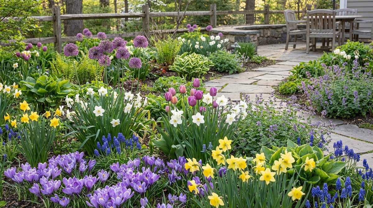A vibrant garden scene showing the succession of spring bulbs from early crocus to late alliums, with emerging perennials disguising fading foliage. This naturalized planting technique creates continuous bloom throughout spring with minimal maintenance.