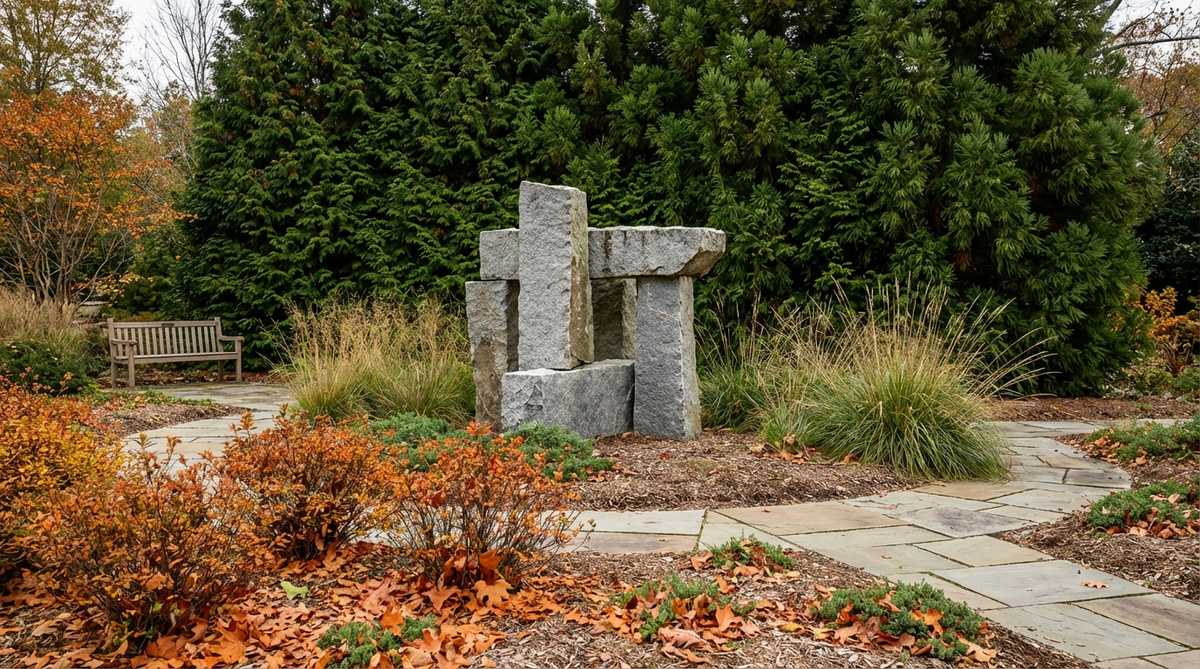 A permanent outdoor abstract stone sculpture serving as a focal point in a garden, positioned against an evergreen background to highlight its form and complement seasonal colors.