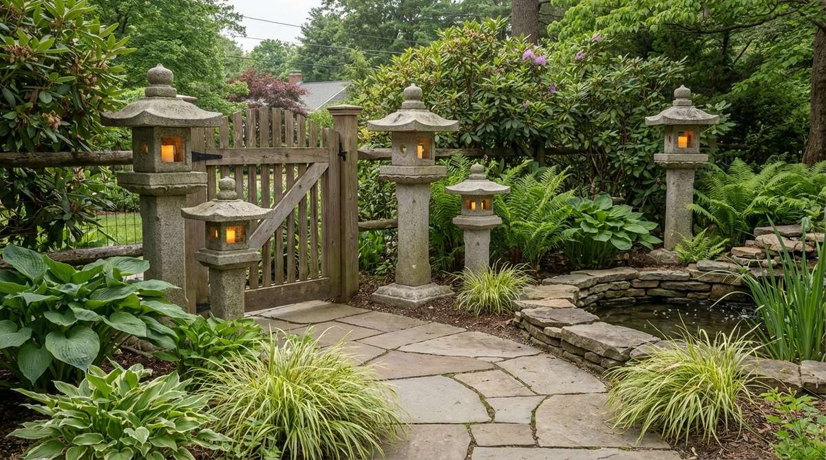 Japanese-inspired carved stone lantern posts with cutout windows for candlelight, featuring pagoda-style caps and base platforms in traditional proportions. Ideal for placement along pathways, near water features, or flanking garden gates. Made from durable granite for multi-generational use, available in heights from 24 to 48 inches, with safe LED candle illumination options.