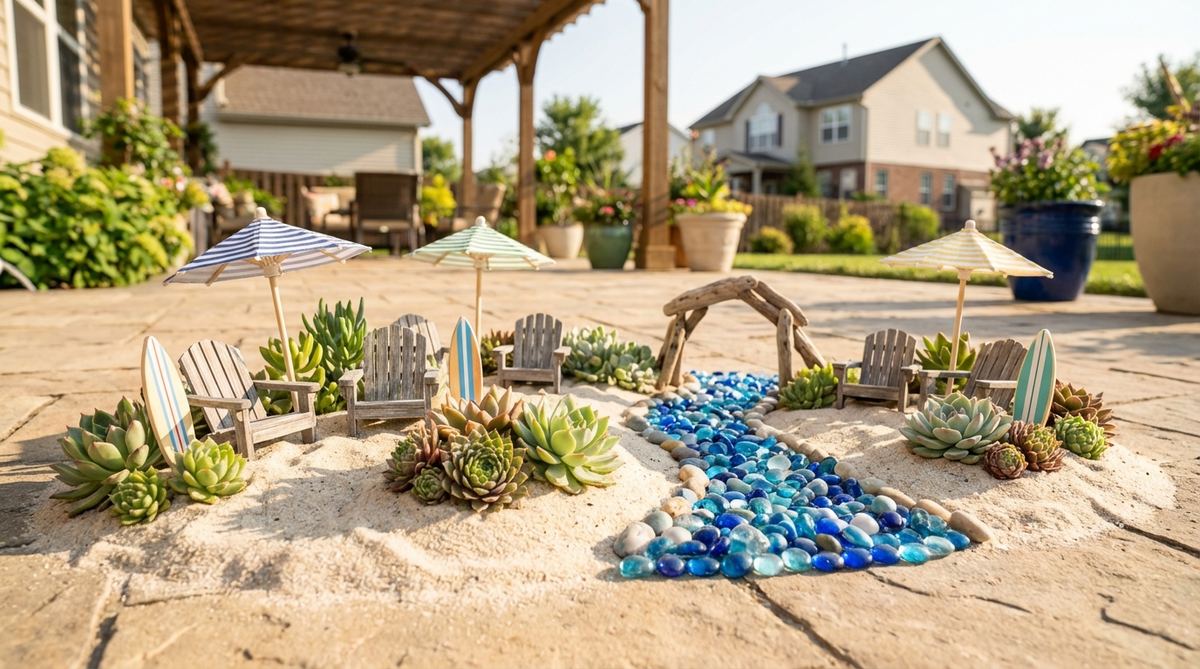 A beach-themed mini garden featuring tiny umbrellas, chairs, and surfboards on sand with heat-tolerant succulents representing coastal vegetation, and blue glass gems forming the ocean. This drought-tolerant setup is ideal for outdoor patios in warm months, brightening summer spaces with minimal water requirements.