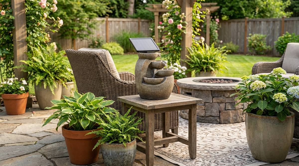 A compact tabletop fountain placed on a garden side table, featuring gentle water flow and solar-powered operation, blending seamlessly with ceramic or stone materials in a cozy patio environment.