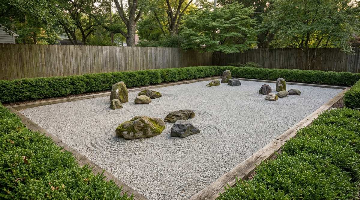 A minimalist composition of fifteen rocks arranged in five groups within a rectangular gravel field, inspired by the famous Ryoan-ji Zen garden in Kyoto. The stones follow strict mathematical relationships and proportional ratios, creating an abstract representation that challenges viewers to contemplate reality's incompleteness from any single perspective.