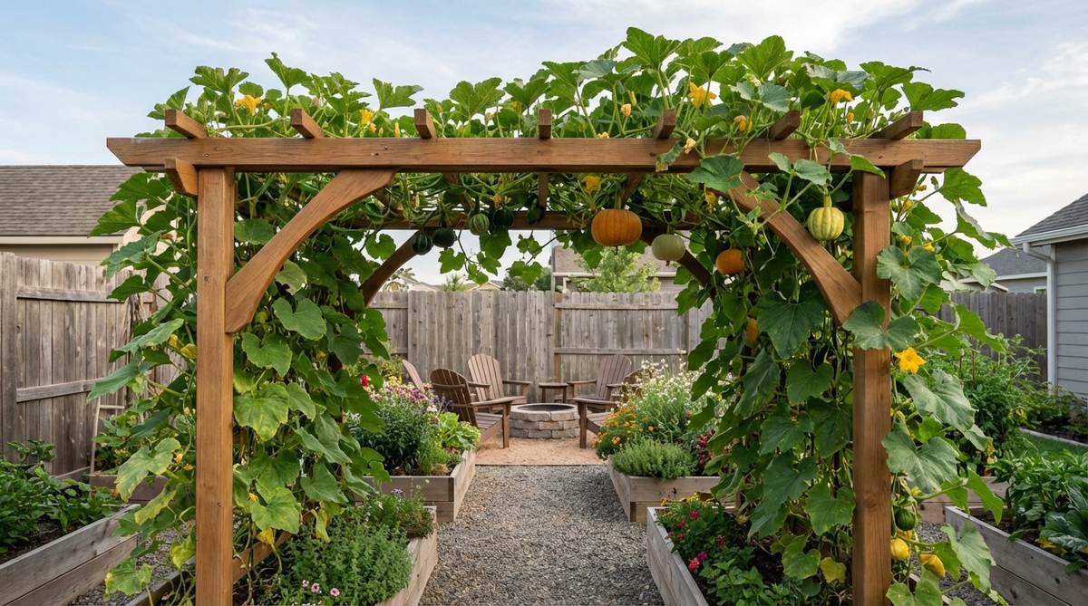 A trellis arch supporting vining squash plants in a small garden space, demonstrating vertical gardening techniques to save ground area while creating productive living tunnels.