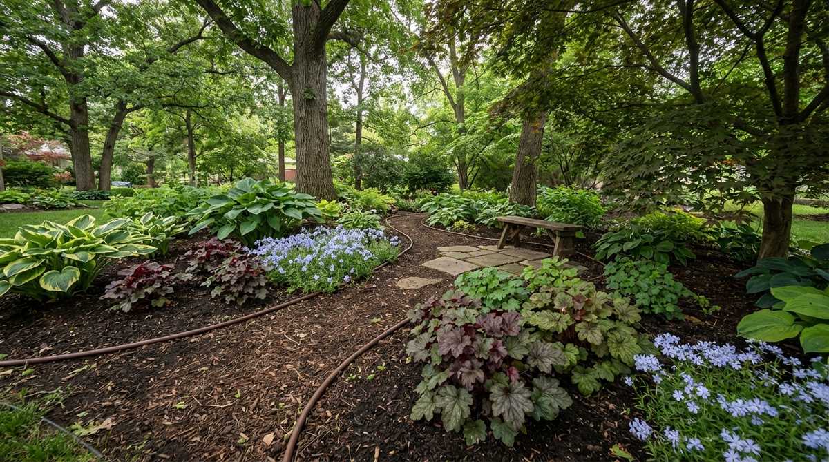 Illustration showing shade-tolerant plants like hostas, coral bells, and woodland phlox growing beneath established trees and shrubs in a small backyard garden, with compost-amended soil and proper watering techniques for understory plantings.