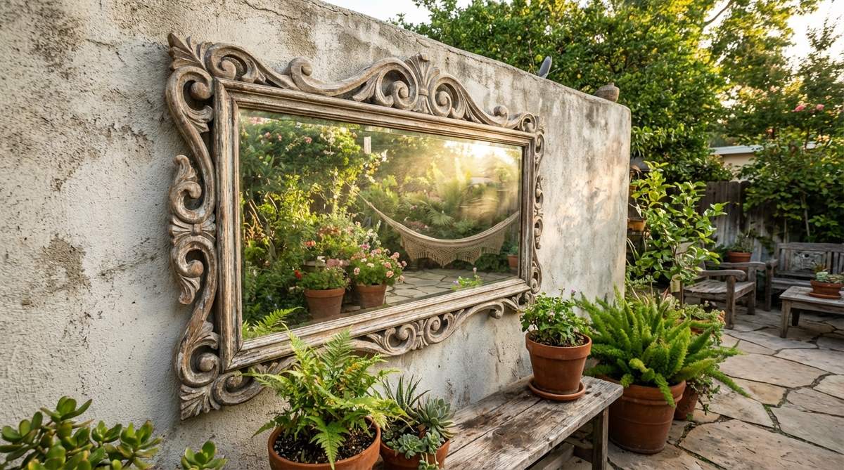An ornate vintage mirror with decorative frame hanging on an exterior garden wall, reflecting sunlight and creating depth illusions in a bohemian outdoor space. The mirror captures morning light and garden views, exemplifying bohemian genre-mixing with indoor decorative elements used outdoors.