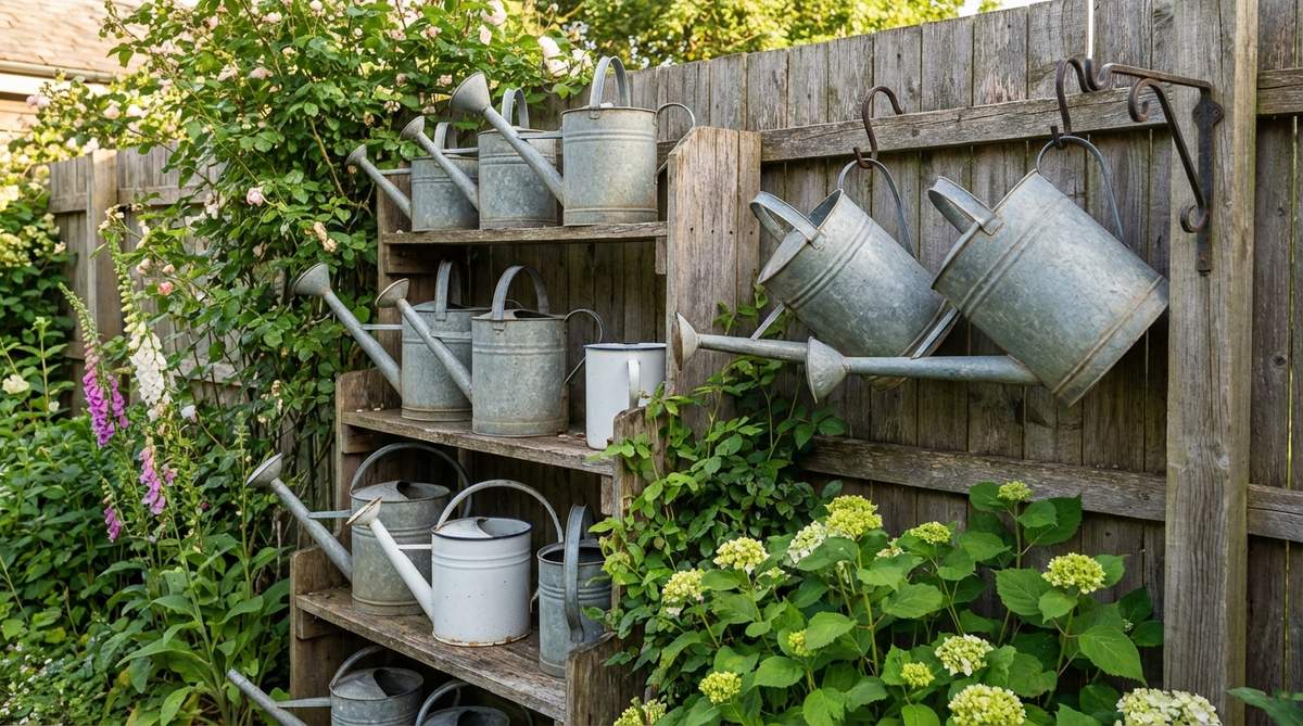 A collection of galvanized and enamelware vintage watering cans arranged on rustic shelves and hung from fence hooks in a cottage garden setting. The silvery metal watering cans contrast beautifully with lush green foliage, adding nostalgic character while remaining functional for garden watering tasks.