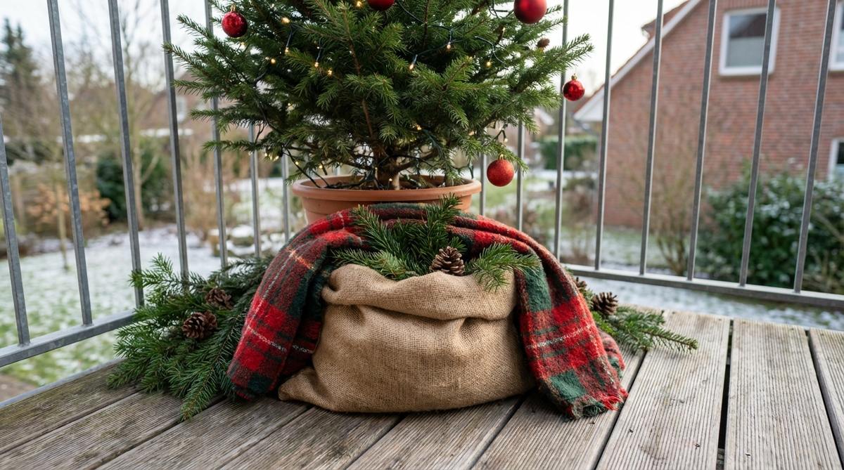 A close-up photo showing a weighted base made from a sand-filled container or concrete block, used to stabilize a free-standing Christmas decoration like a small tree or figure on a balcony. The base is discreetly concealed with decorative fabric or greenery, demonstrating how to prevent wind displacement while maintaining an attractive holiday display. The image illustrates the practical application of using one pound of ballast per foot of height as a guideline for secure balcony decor.